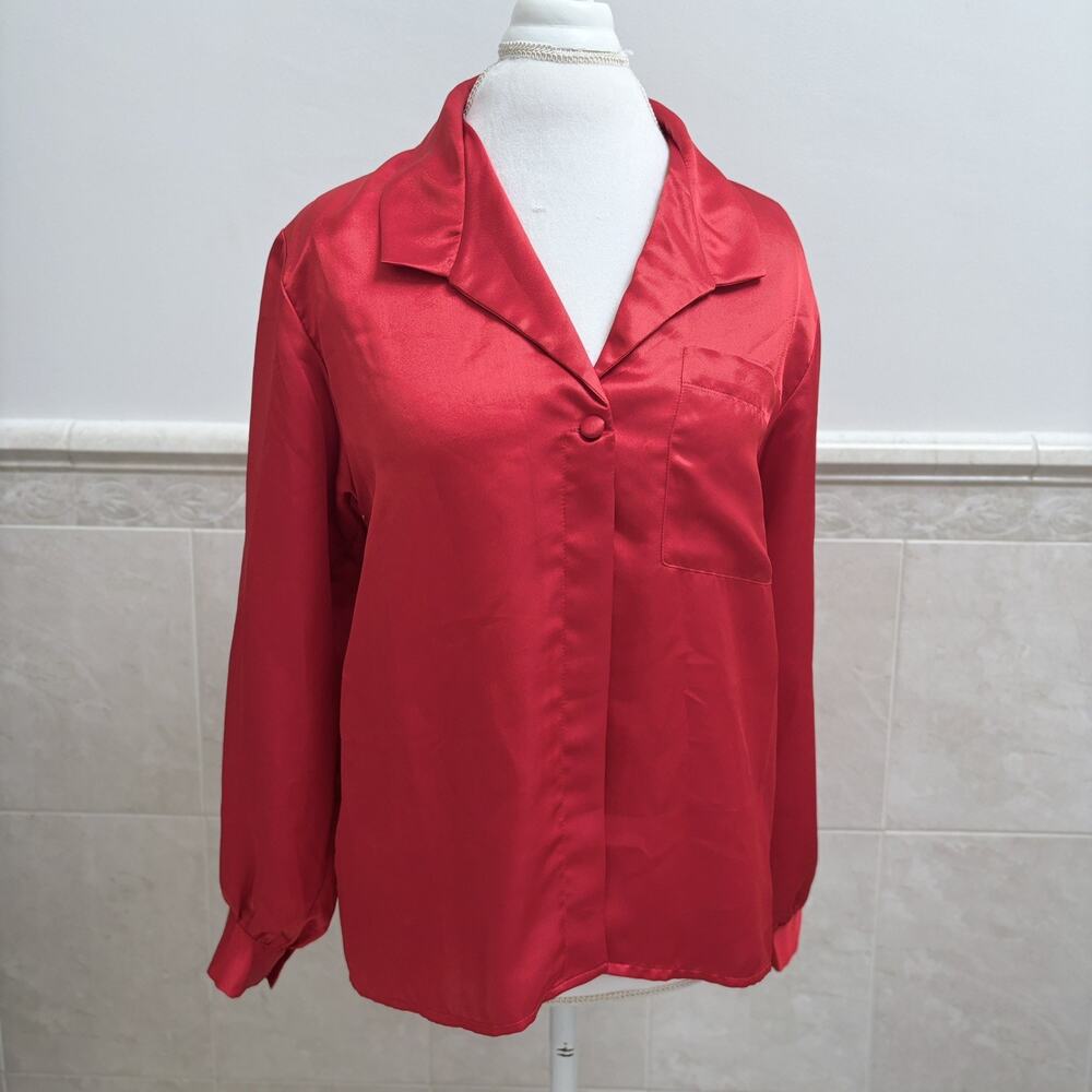 Vintage Oscar de la Renta Red Satin Pajama Top Lounge Sleep Shirt 12